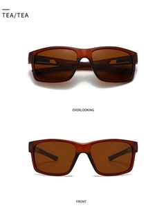 Macro detail of amber square polarized sunglasses showing 9324 model text on inner temple