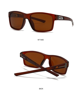 Detail view of brown square sunglasses with hollow metal hinges and folded temples