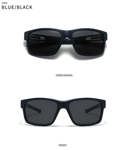 Detail view of square matte blue polarized sunglasses with product specifications on temple