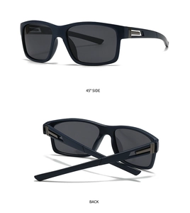 Detail of navy blue square sunglasses featuring matte frames and metallic hinge accents