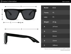 Detailed sizing guide showing measurements for these square frame polarized sunglasses
