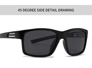 Detailed 45-degree side view of square polarized sunglasses with silver metal temple accents