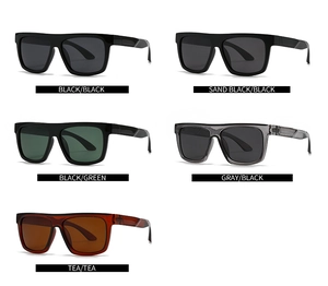 Flat lay of square polarized sunglasses in multiple colors including black and tea