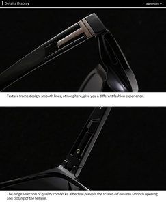 Close-up of modern square sunglasses featuring iconic T-shaped metal hinges and durable screws