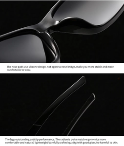 Detail of square polarized sunglasses featuring soft silicone nose pads and anti-slip temples