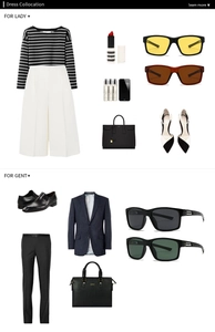 Flat lay of square polarized sunglasses styled with casual and business fashion outfits