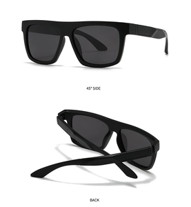 Detail view of square black sunglasses showing 45-degree side and folded back perspectives