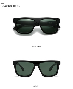 Front and top view of square black sunglasses with dark green polarized lenses