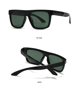 Dual view of black square frame sunglasses showing 45-degree side and back folding angles