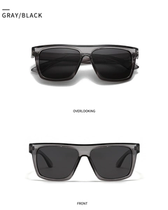 Front and top view of modern square polarized sunglasses with translucent grey frames