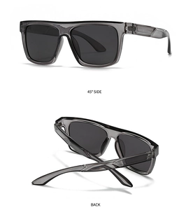 Detail view of square jelly gray polarized sunglasses from 45 degree and back angles