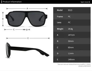 Detailed sizing chart with dimensions and technical specifications for square frame sunglasses
