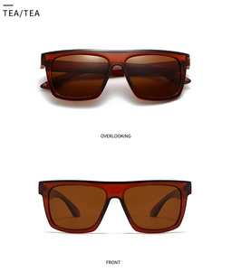 Detail view of retro tea brown square flat top polarized sunglasses from two angles