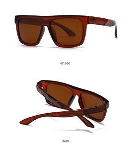Detailed views of amber brown square sunglasses showing 45-degree side and back structure