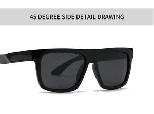 Detailed 45-degree side view of glossy black square frame sunglasses with dark lenses