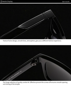 Detailed view of square polarized sunglasses with glossy finish and metal hinge detail