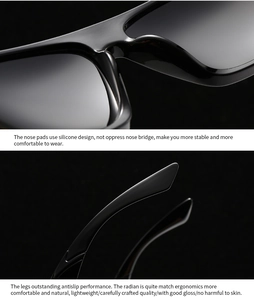 Detail of square polarized sunglasses featuring silicone nose pads and ergonomic temples