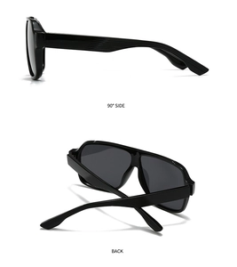 Detail of square polarized sunglasses featuring textured temples and side 90-degree view