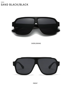 Flat lay of sand black square pilot sunglasses with full black lenses from two angles