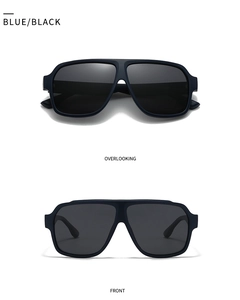 Detail of square polarized sunglasses with matte blue frames and dark black lenses