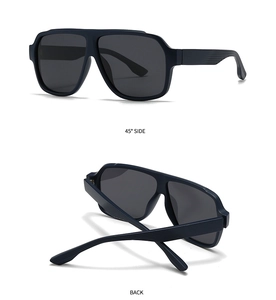 Detail of square oversized polarized sunglasses showing 45-degree side and back structure