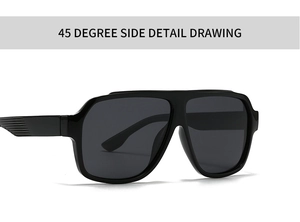 Detailed 45-degree side view of square polarized sunglasses with striped temple tips