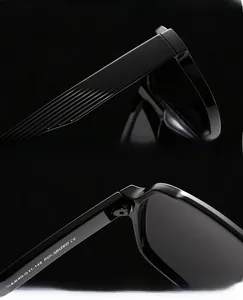 Detail view of polarized lenses, metal hinges and frame dimensions for square sunglasses