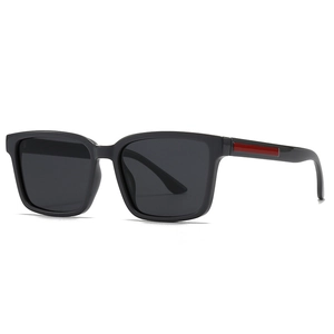 Modern square frame polarized sunglasses in black with red temple accents for men