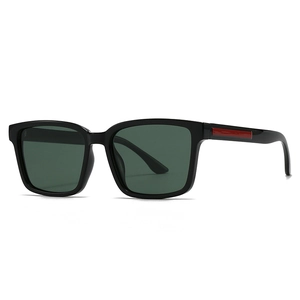 Modern square frame polarized sunglasses in glossy black with red temple accents
