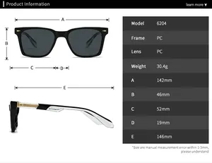 Tableau des tailles et dimensions détaillées des lunettes de soleil rétro 6204