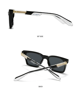 Détail de lunettes de soleil carrées montrant la structure des branches de côté et de dos