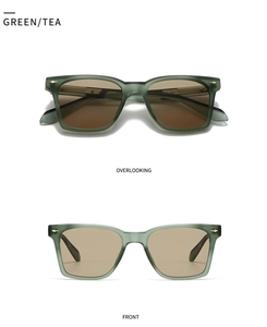 Vue détaillée des lunettes de soleil rétro vert mat avec verres thé et rivets
