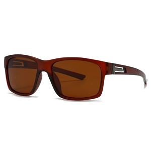 Modern square polarized sunglasses with translucent brown frames and metal accents