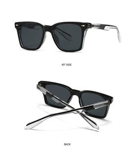 Vue détaillée du profil latéral à 45 degrés et de l'arrière des lunettes de soleil carrées