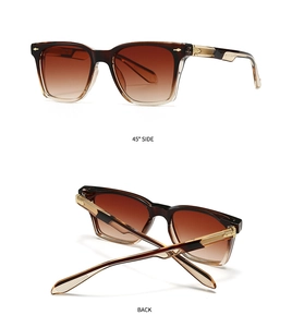 Détails de lunettes de soleil carrées dégradées marron avec ornements métalliques dorés