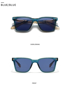 Vues frontale et supérieure de lunettes de soleil bleues rectangulaires avec rivets
