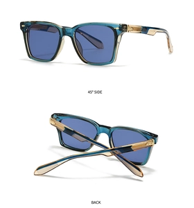 Vue détaillée de lunettes de soleil en acétate turquoise avec branches texture bois