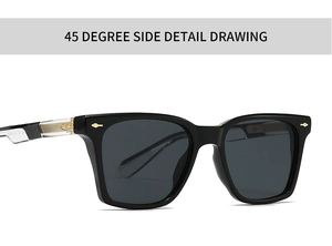Détail de profil à 45 degrés des lunettes de soleil noires avec rivets flèche dorés et branches