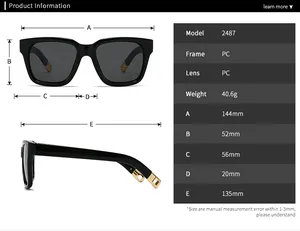Size chart showing dimensions and technical specifications for square sunglasses model 2487