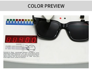 Detail view of square black sunglasses undergoing UV400 protection testing on a digital device