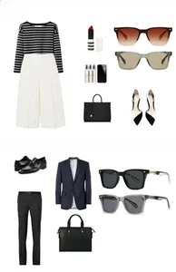 Mise à plat de lunettes de soleil rétro avec des tenues modernes et accessoires de mode