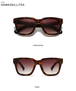 Detail view of square tortoiseshell sunglasses with brown gradient lenses and flat top