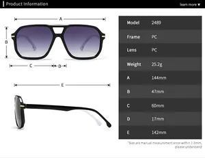Detailed size chart and specifications for vintage oversized pilot sunglasses model 2489