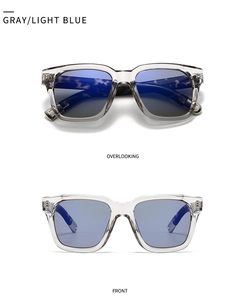Macro detail of square sunglasses with gray transparent frame and light blue lenses