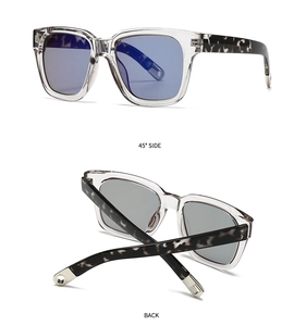 Detail view of transparent sunglasses with tortoiseshell temples and metal accents