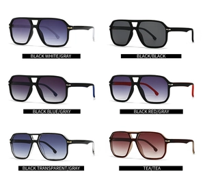 Matrix display of retro wide-frame aviator sunglasses in six trendy color combinations