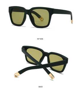 Detail view of square matte green sunglasses with amber lenses and 45-degree side angle