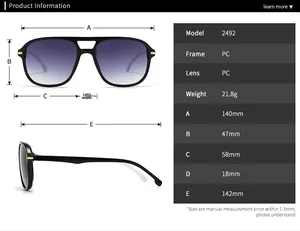 Detaillierte Maßtabelle und Größenangaben für die Retro-Sonnenbrille Modell 2492