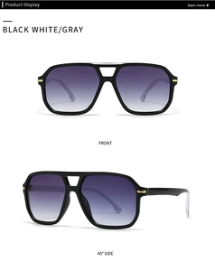 Front and side views of black pilot sunglasses with purple gradient lenses