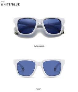 Detailed view of white square sunglasses with blue lenses and metal ring temple accents